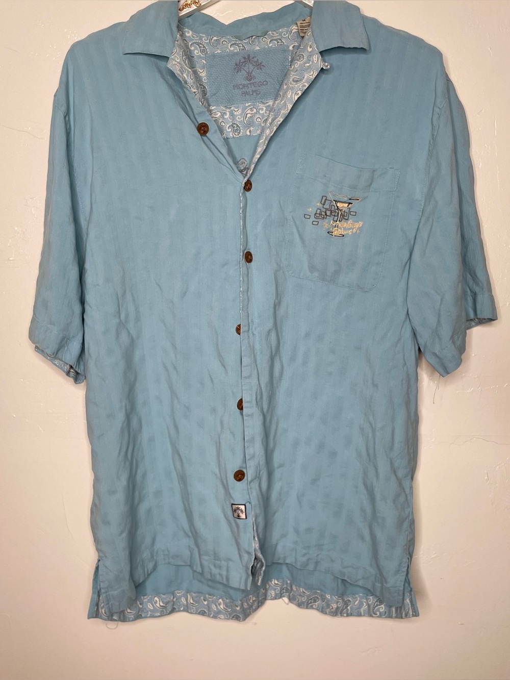 MONTEGO PALMS TROPICAL HAWAIIAN BABY BLUE BUTTON DOWN SHIRT SZ M 100% SILK
